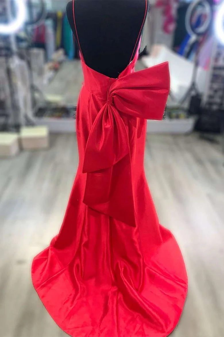 Vestido de fiesta de sirena con escote en V y lazo en la espalda